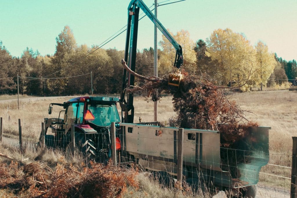 En traktor drar en släpvagn full av grenar längs en grusväg i skogen. Traktorn har en kraftfull motor och en robust släpvagn för att enkelt transportera bort grenar och annat avfall från skogsområdet.