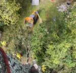 flismaskin som omvandlar grenar till träflis djupeskog